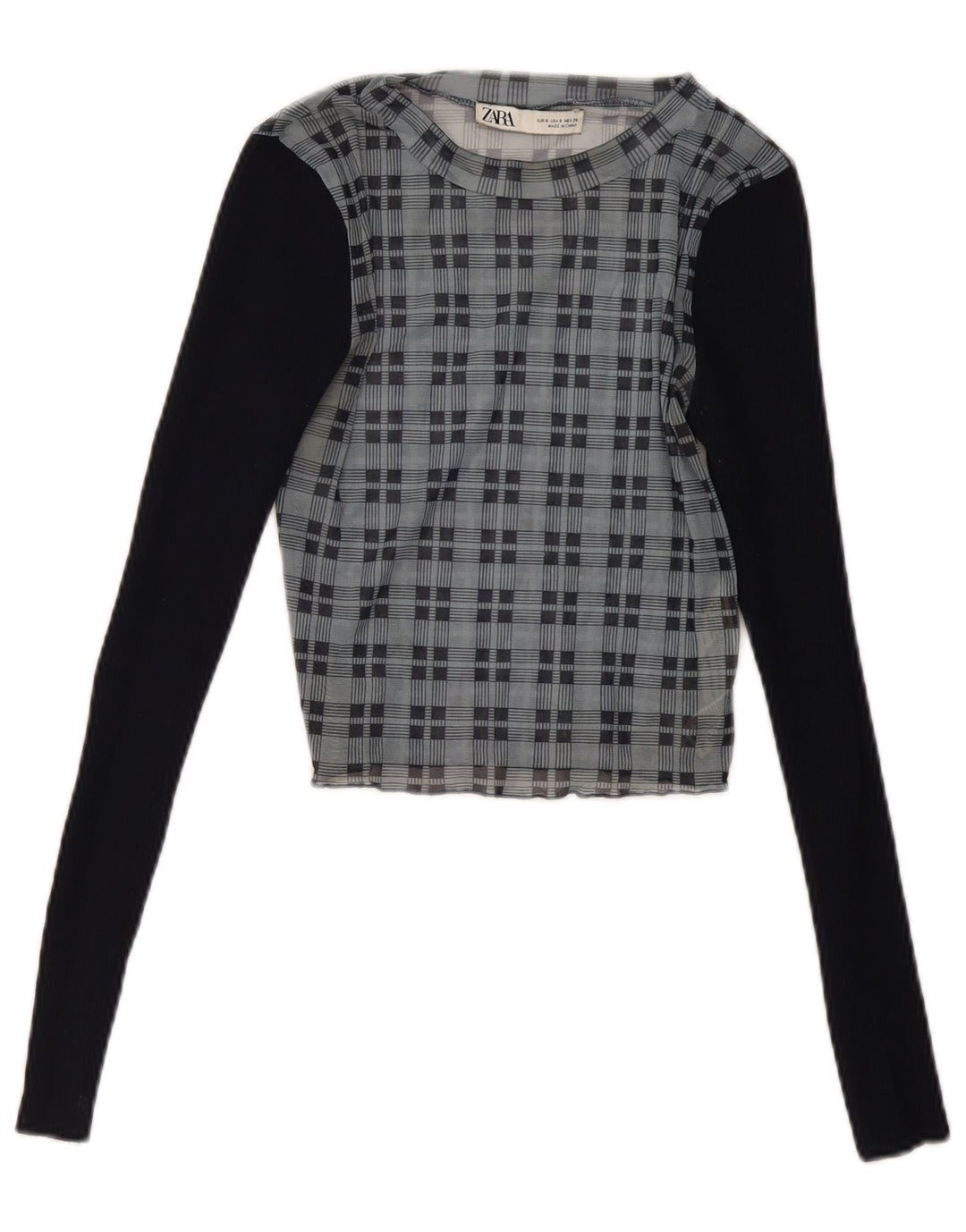 Camicetta corta a maniche lunghe da donna Zara UK 8 piccoli quadri blu navy