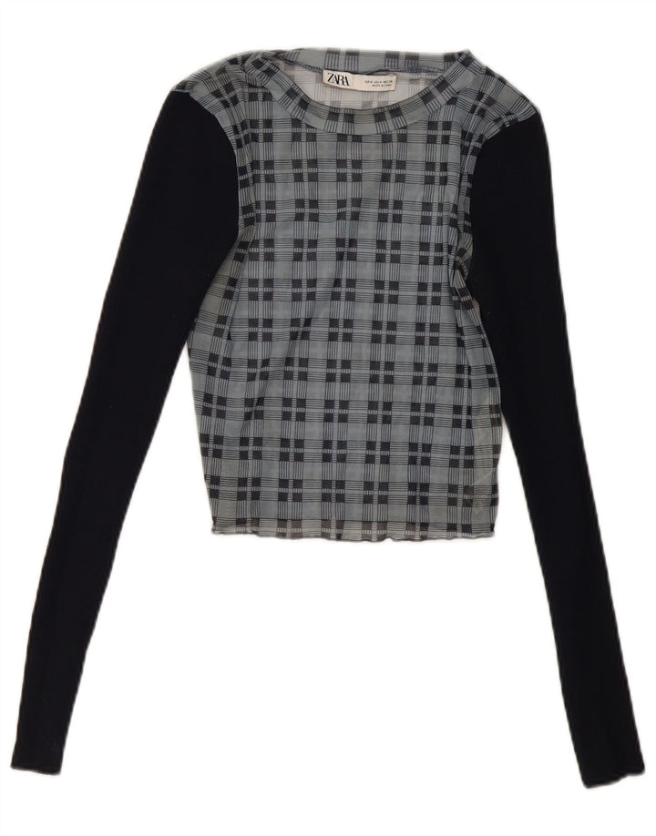 Camicetta corta a maniche lunghe da donna Zara UK 8 piccoli quadri blu navy