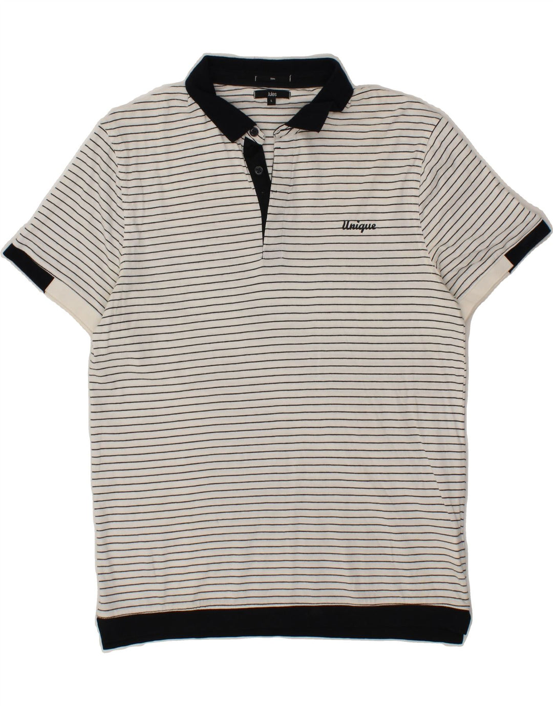 JULES Mens Slim Polo Shirt Large White Striped Cotton Vintage Jules and Second-Hand Jules from Messina Hembry 