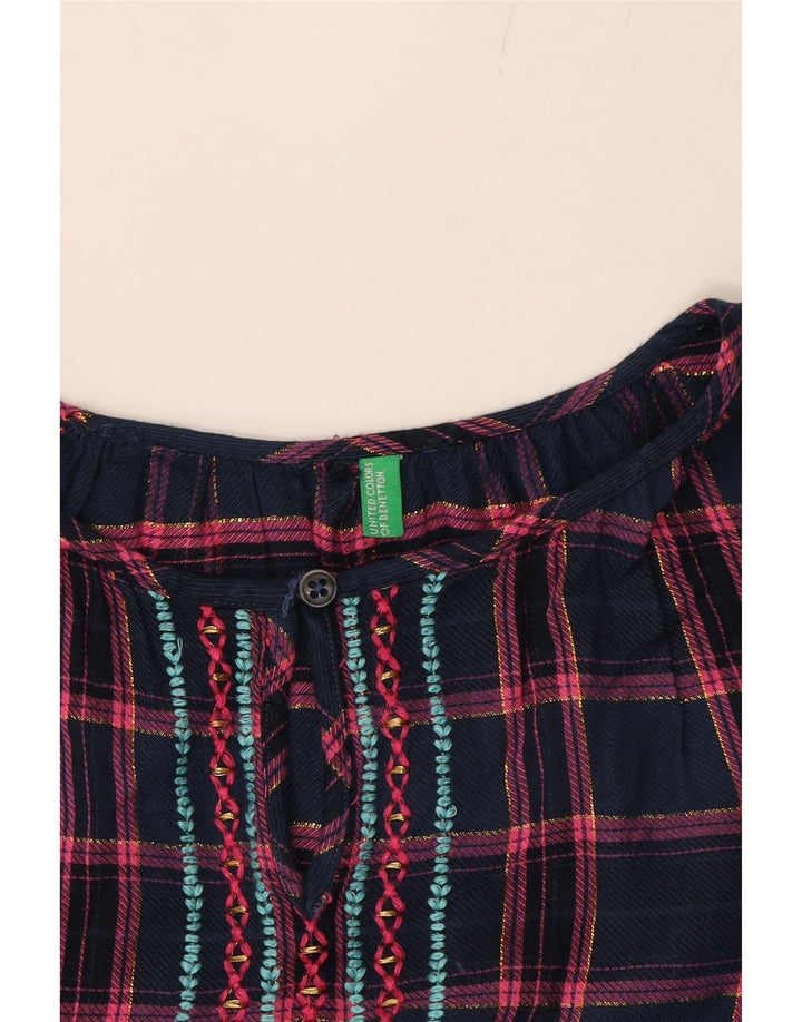 BENETTON Womens Long Sleeve Blouse Top UK 12 Medium Navy Blue Check Vintage Benetton and Second-Hand Benetton from Messina Hembry 