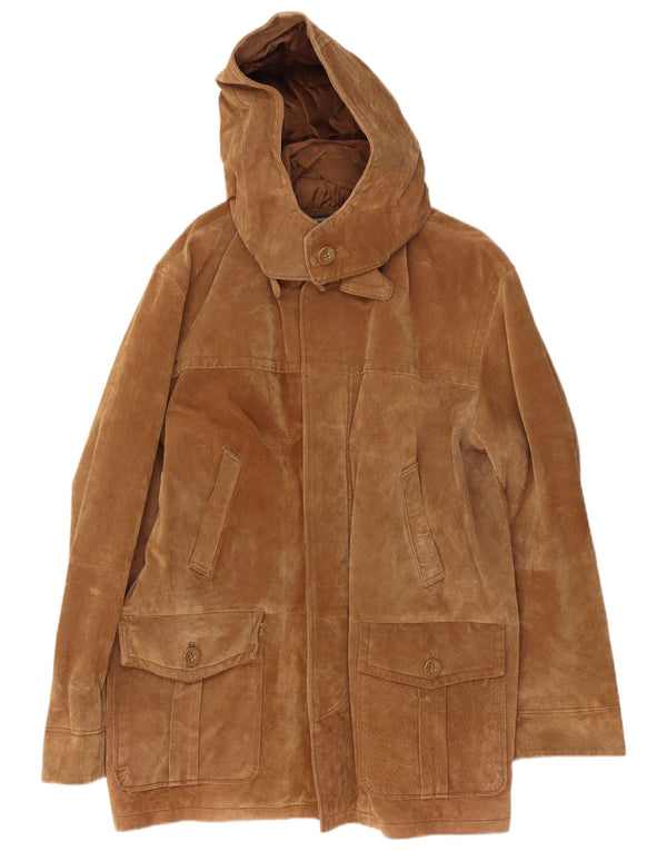 Soprabito vintage da uomo in pelle scamosciata con cappuccio IT 50 grande in pelle beige