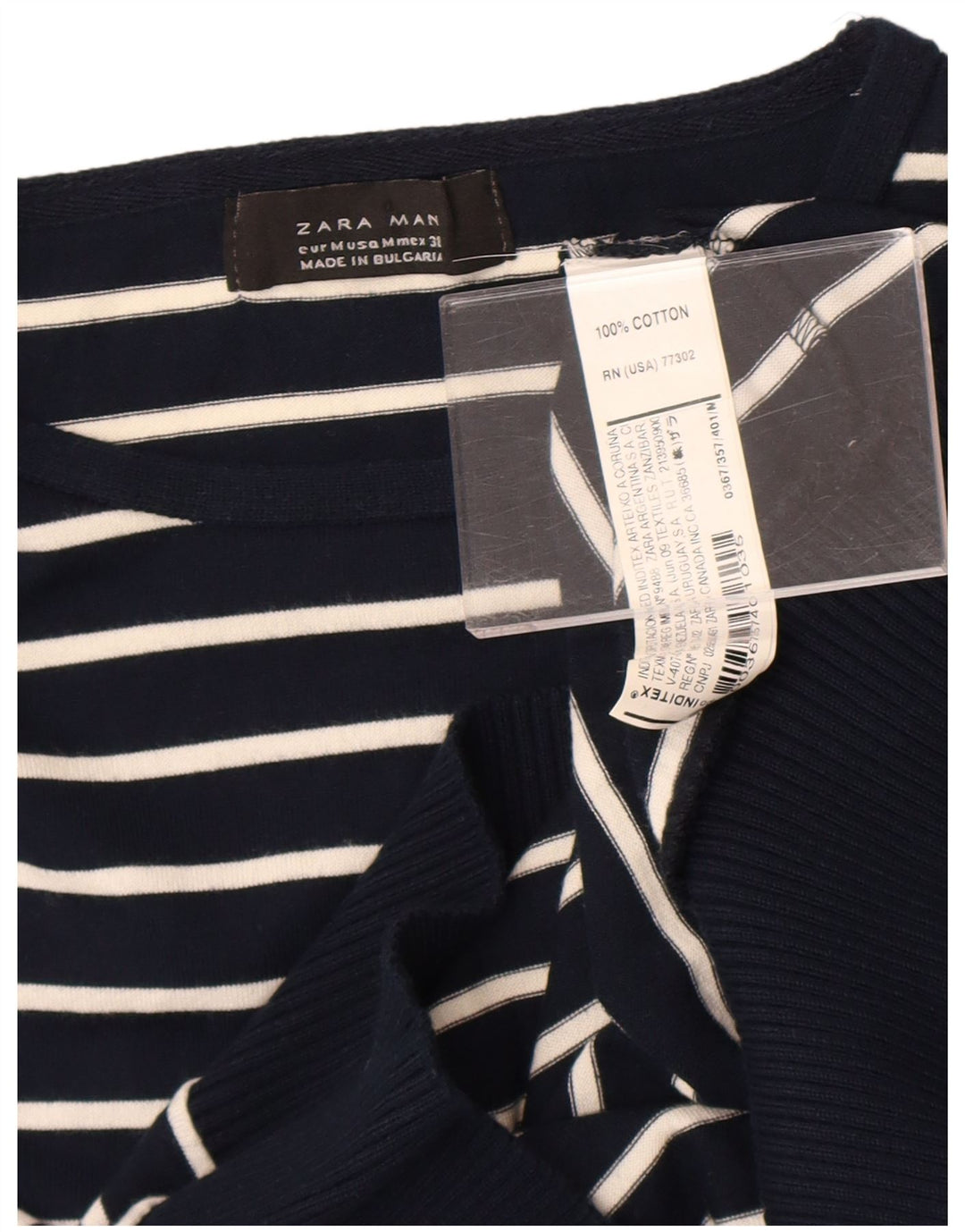 Maglione girocollo da uomo Zara in cotone a righe medie blu navy