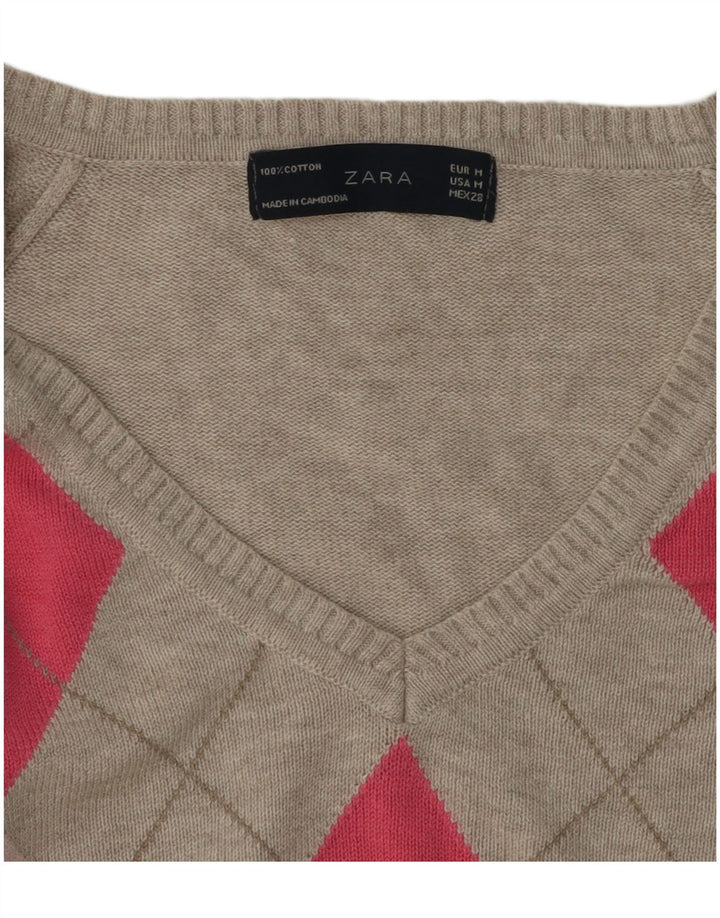 Maglione corto con scollo a V da donna Zara UK 12 Grigio medio Argyle/Diamante