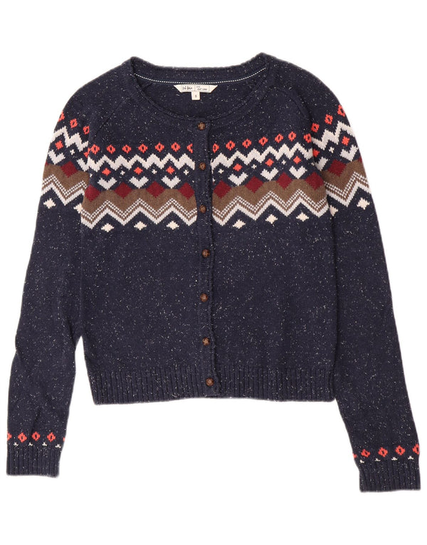 Maglione cardigan da donna Fat Face UK 8 piccolo cotone Fair Isle blu navy