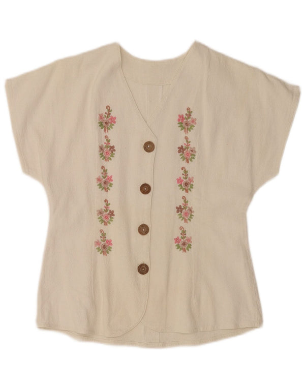 Camicetta vintage da donna a maniche corte UK 10 Small Off White Floral