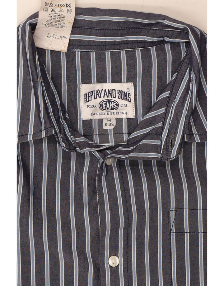 REPLAY AND SONS Boys Shirt 11-12 Years Medium Navy Blue Striped Cupro