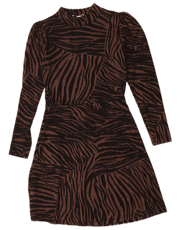 WAREHOUSE Abito maglione a maniche lunghe da donna UK 10 Piccola stampa animalier marrone
