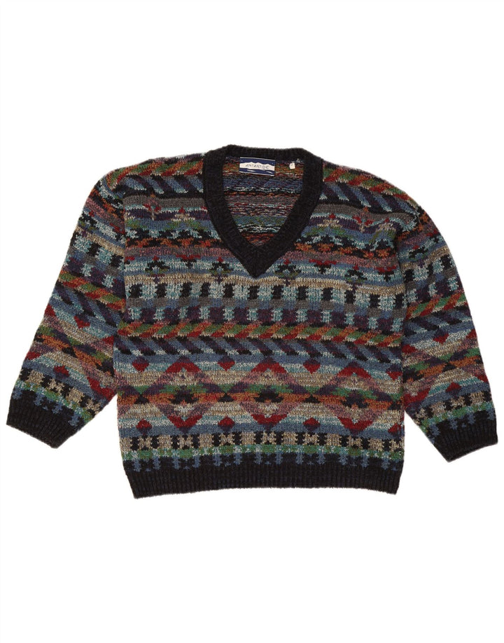 Maglione vintage da uomo con scollo a V in lana geometrica multicolore media