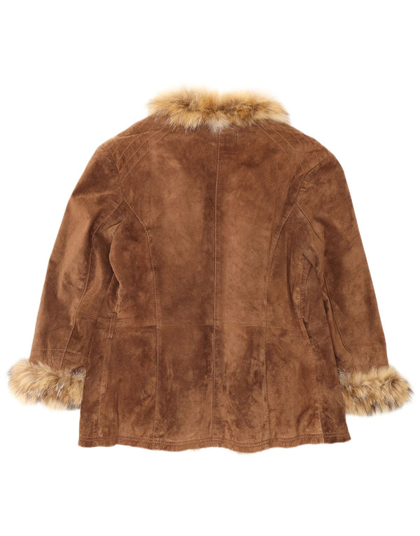 Giacca in pelle scamosciata aperta da donna VINTAGE IT 46 Large in pelle marrone