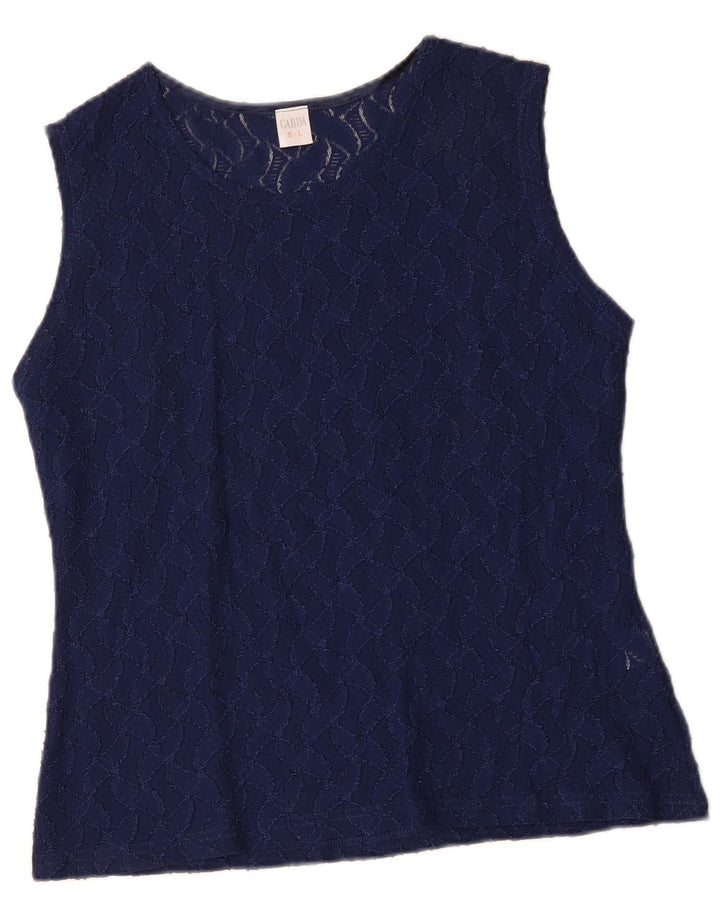 Top camicetta corta senza maniche da donna vintage UK 14 grande poliammide blu navy