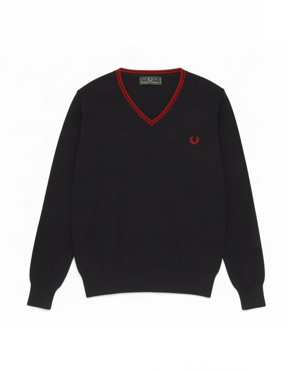 Fred Perry Mens V-Neck Jumper Sweater Large Navy Blue Wool