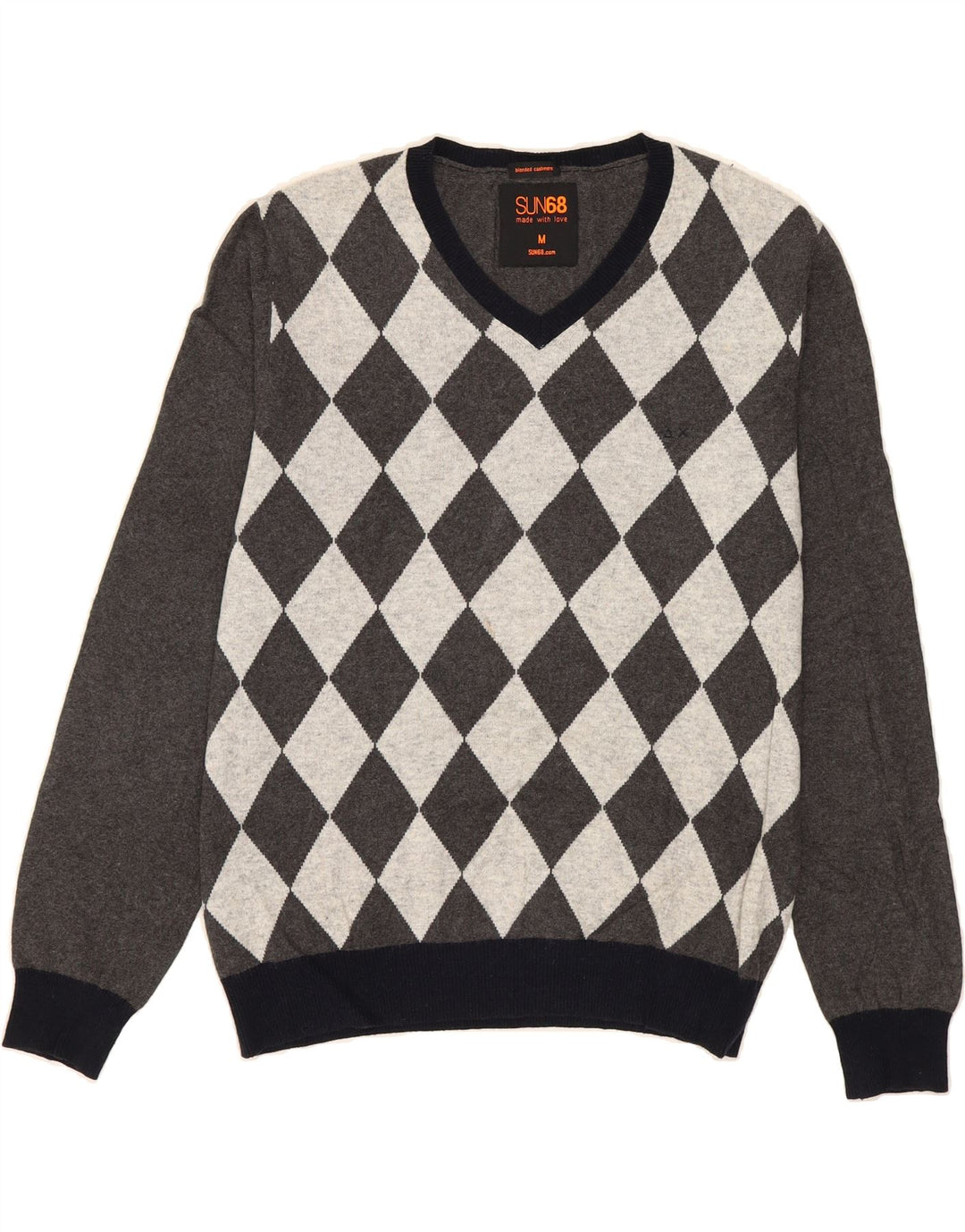 SUN68 Mens V-Neck Jumper Sweater Medium Grey Argyle/Diamond Cotton Vintage Sun68 and Second-Hand Sun68 from Messina Hembry 