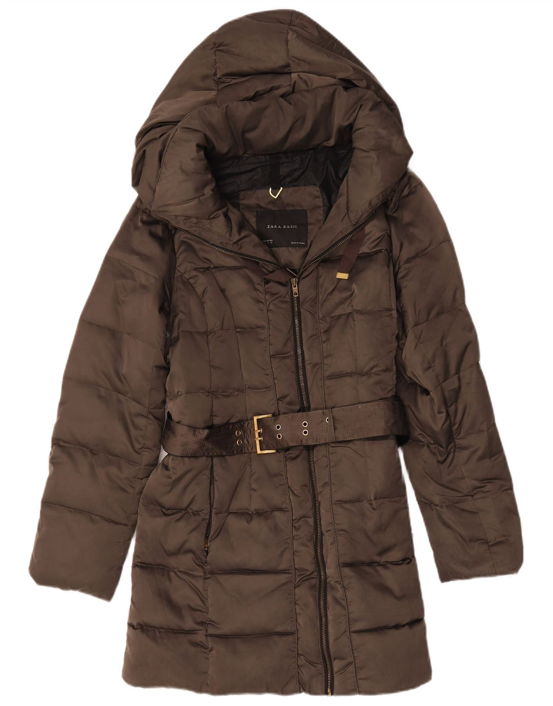 Cappotto imbottito con cappuccio da donna Zara UK 16 grande poliestere marrone