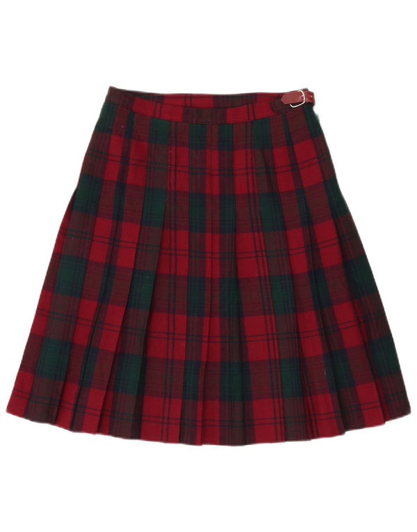 Gonna a portafoglio a pieghe vintage da donna IT 44 media W26 lana vergine a quadri rossi