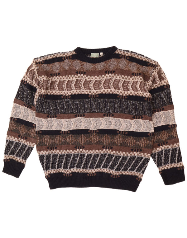 Maglione maglione girocollo da uomo vintage 2XL acrilico a strisce marrone
