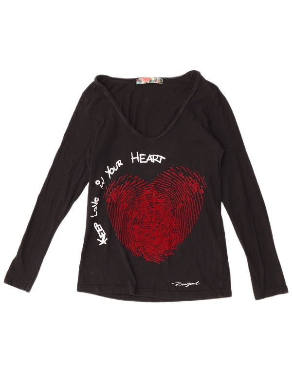 Desigual Donna Graphic Top Manica Lunga UK 14 Grande Cuore di Cotone Nero