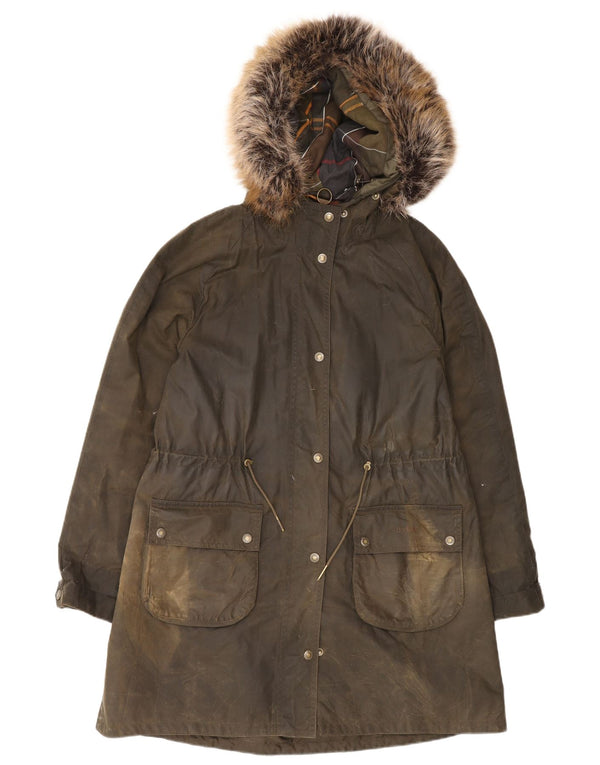 Giacca parka da donna in cotone cerato con cappuccio Barbour UK 12 cotone kaki medio