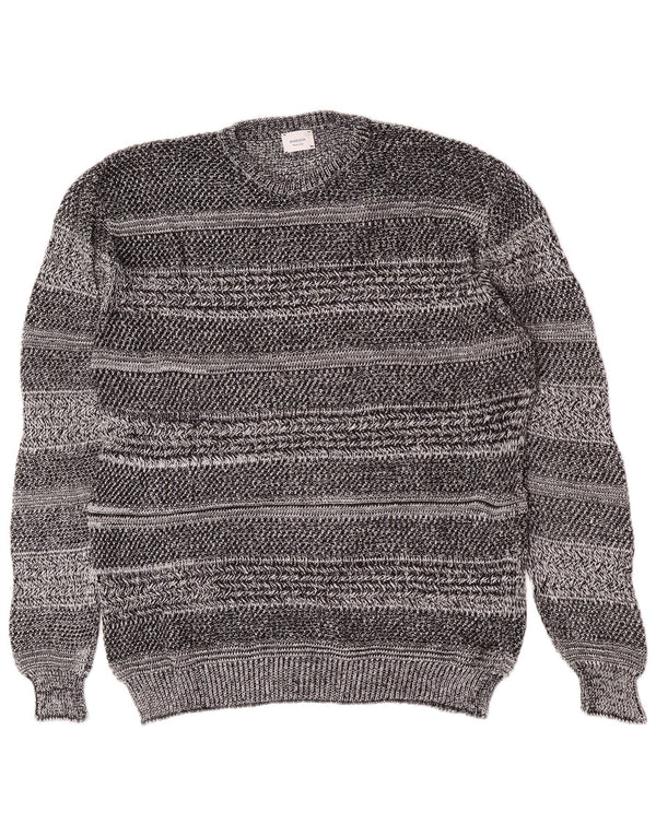 Maglione maglione girocollo da uomo vintage in cotone a righe grigie XL