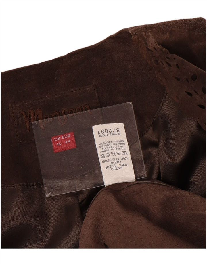 MONSOON Giacca blazer in pelle scamosciata aperta da donna UK 16 Grande pelle marrone