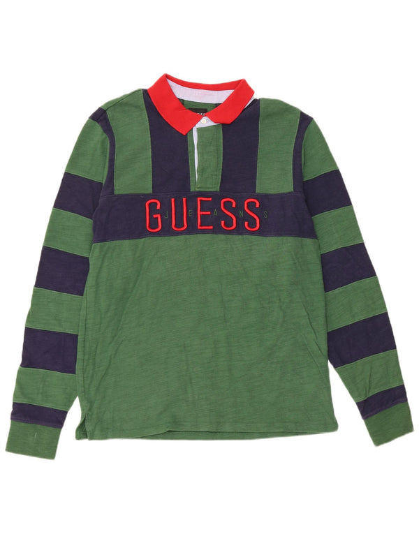 Polo da rugby da uomo a maniche lunghe con grafica Guess, piccola, in cotone a righe verdi