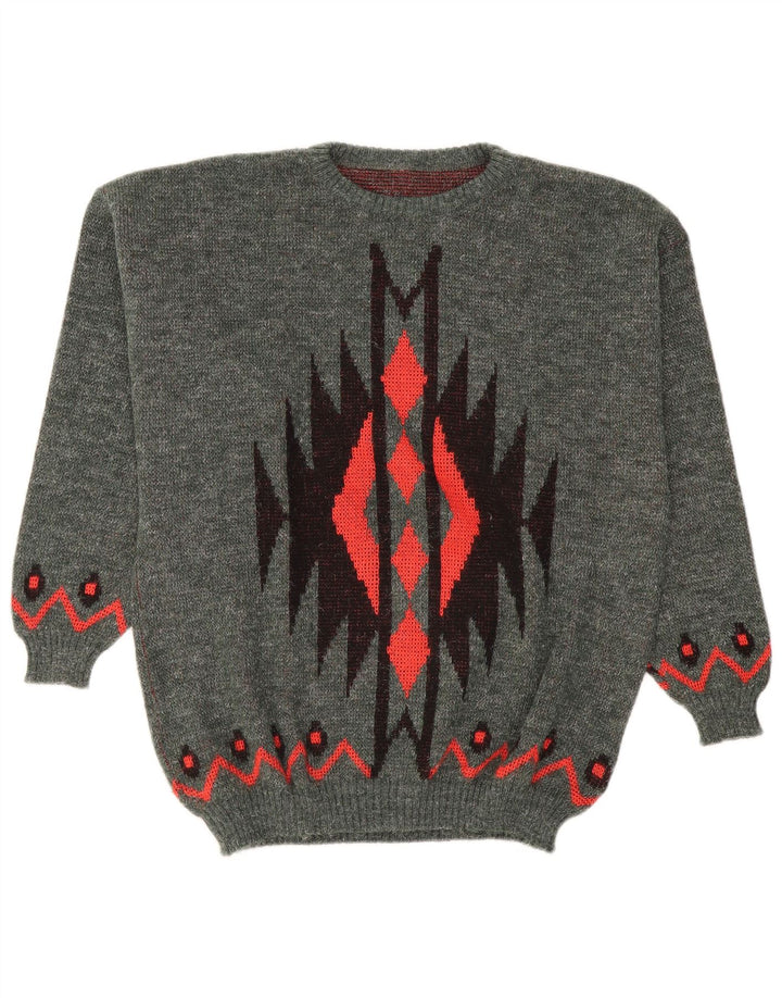 Maglione maglione girocollo da uomo vintage grande poliacrilico geometrico grigio