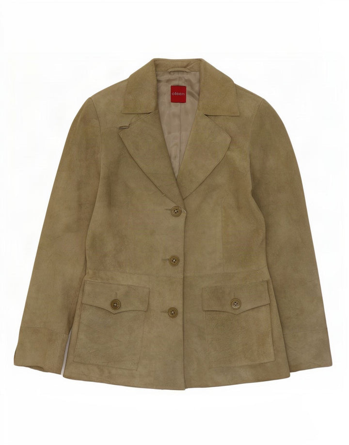 Giacca blazer in pelle scamosciata da donna a 3 bottoni Olsen UK 8 piccola acetato verde