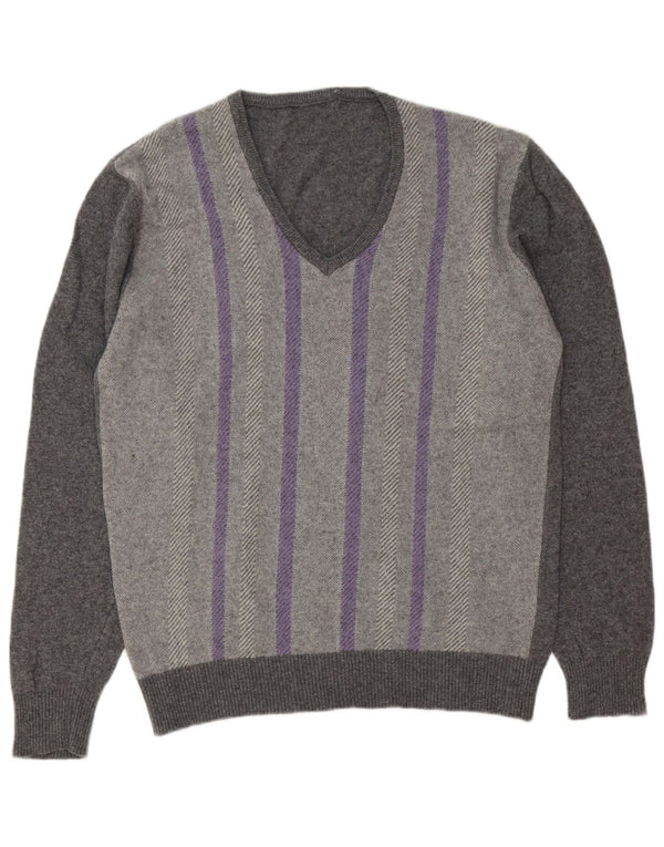 Maglione vintage da uomo con scollo a V, a righe grigie grandi