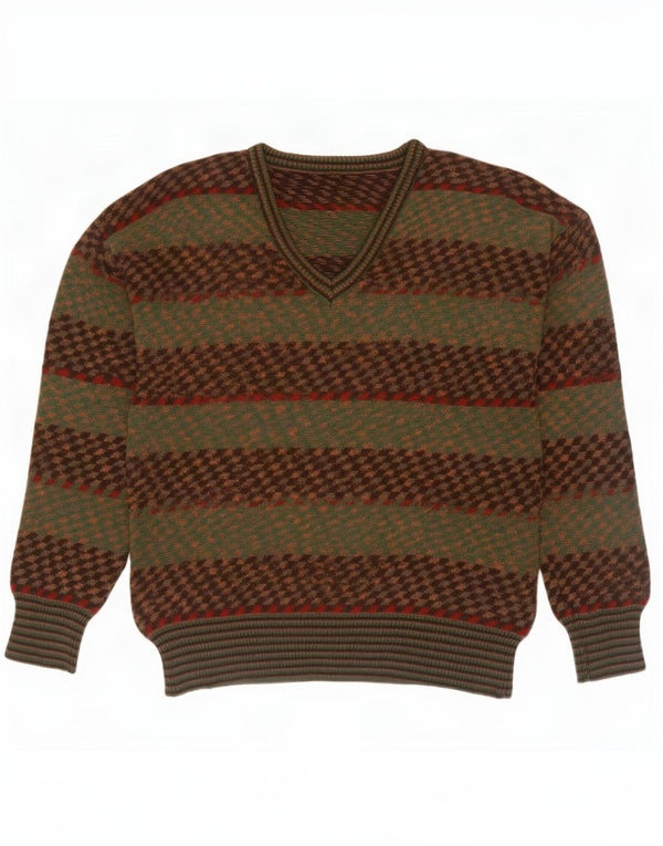Maglione vintage da uomo con scollo a V IT 50 a righe kaki medie