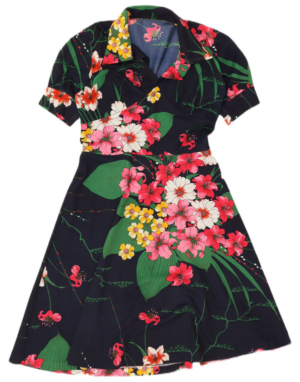 Abito a trapezio da donna vintage UK 12 medio blu navy floreale
