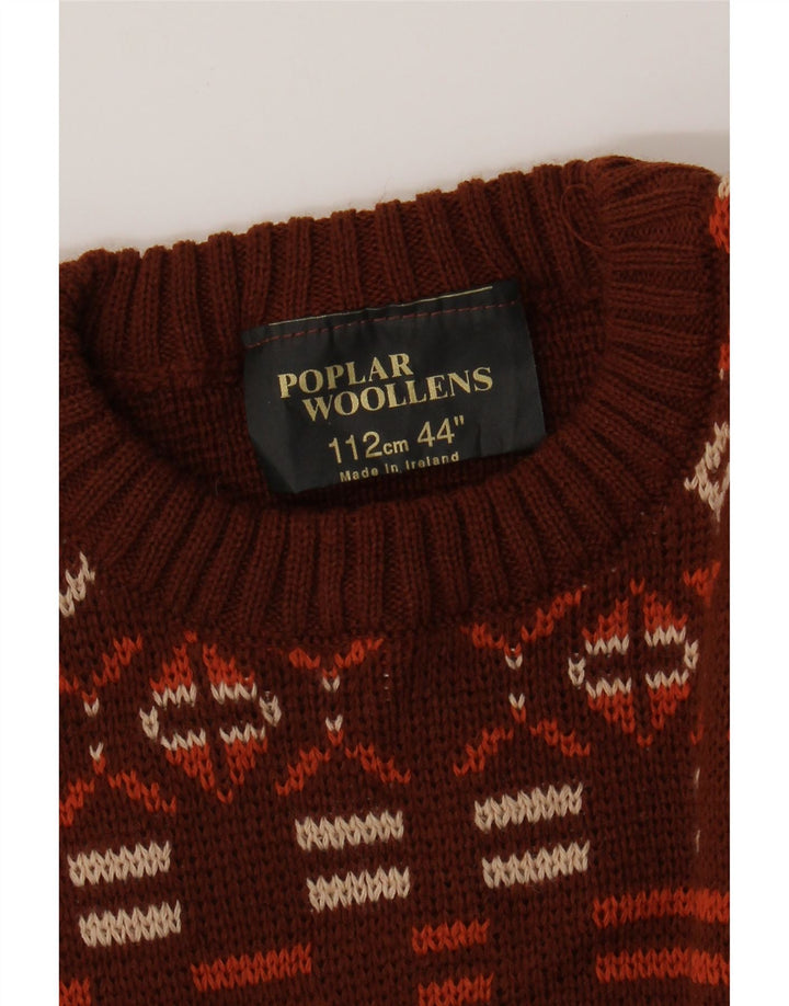 POPLAR WOOLLENS Mens Crew Neck Jumper Sweater Medium Brown Fair Isle