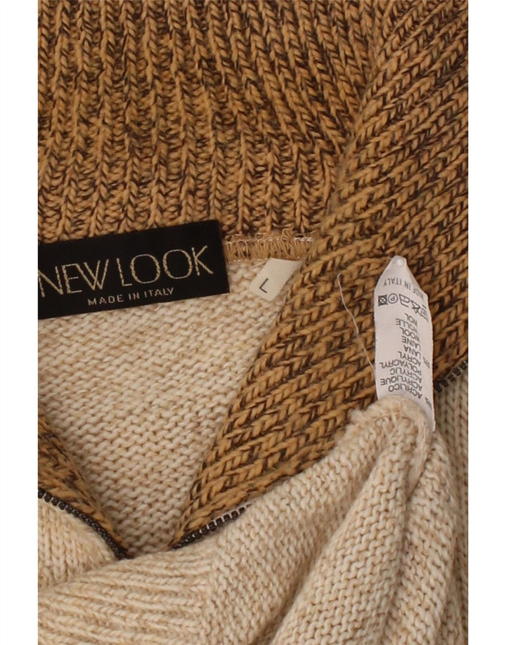 NEW LOOK Mens Zip Neck Jumper Sweater Large Beige Argyle/Diamond Acrylic Vintage NEW LOOK and Second-Hand NEW LOOK from Messina Hembry 