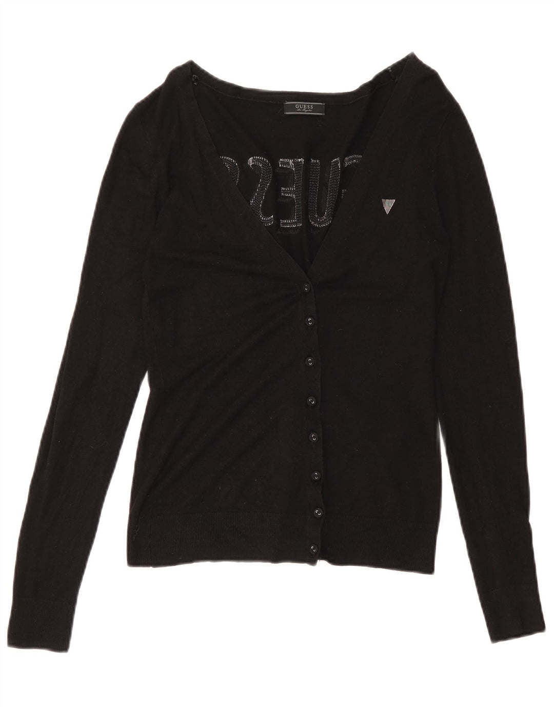 Maglione cardigan grafico da donna Guess UK 8 piccolo in viscosa nera