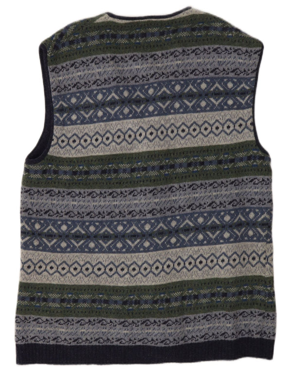 Maglione cardigan senza maniche vintage da uomo, lana Fair Isle multicolore di grandi dimensioni