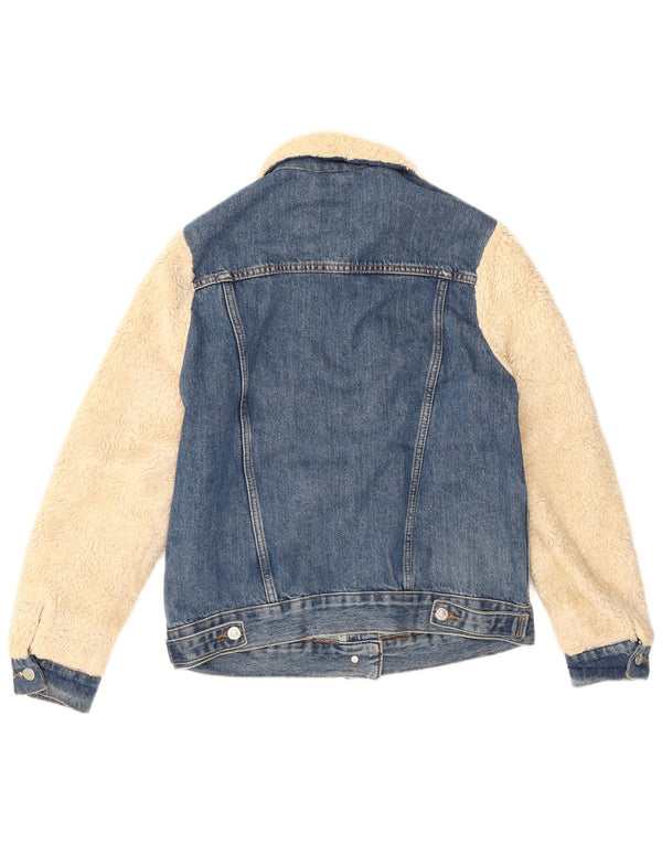 Topshop Giacca da donna in denim con vestibilità ampia in pelliccia sintetica UK 6 XS Blu Colourblock