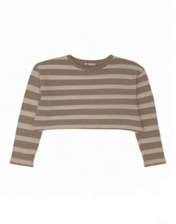 Top corto oversize da donna Zara a maniche lunghe UK 10 piccolo cotone a righe beige