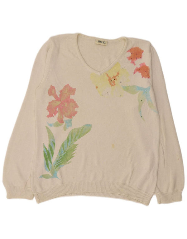 Maglione maglione vintage da donna con scollo a V UK 14 floreale bianco medio