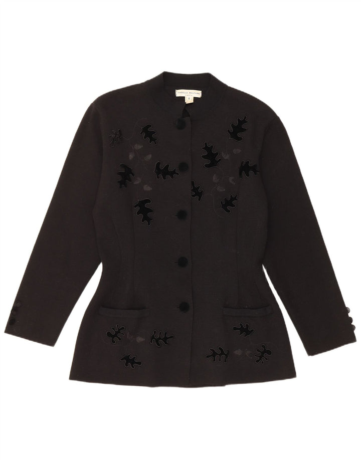 Giacca blazer vintage da donna a 5 bottoni UK 10 piccola lana vergine floreale nera