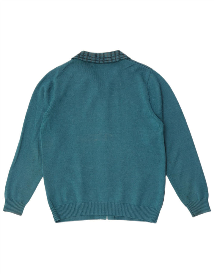 Maglione cardigan con zip intera da donna vintage UK 12 controllo blu medio
