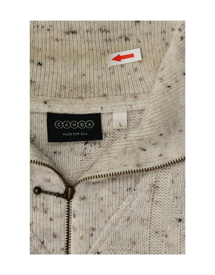 Maglione da uomo C&A Canda con zip sul collo, grande, in acrilico screziato bianco sporco
