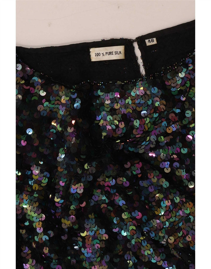 Camicetta vintage da donna con maniche a 3/4 con paillettes EU 48 2XL Seta nera