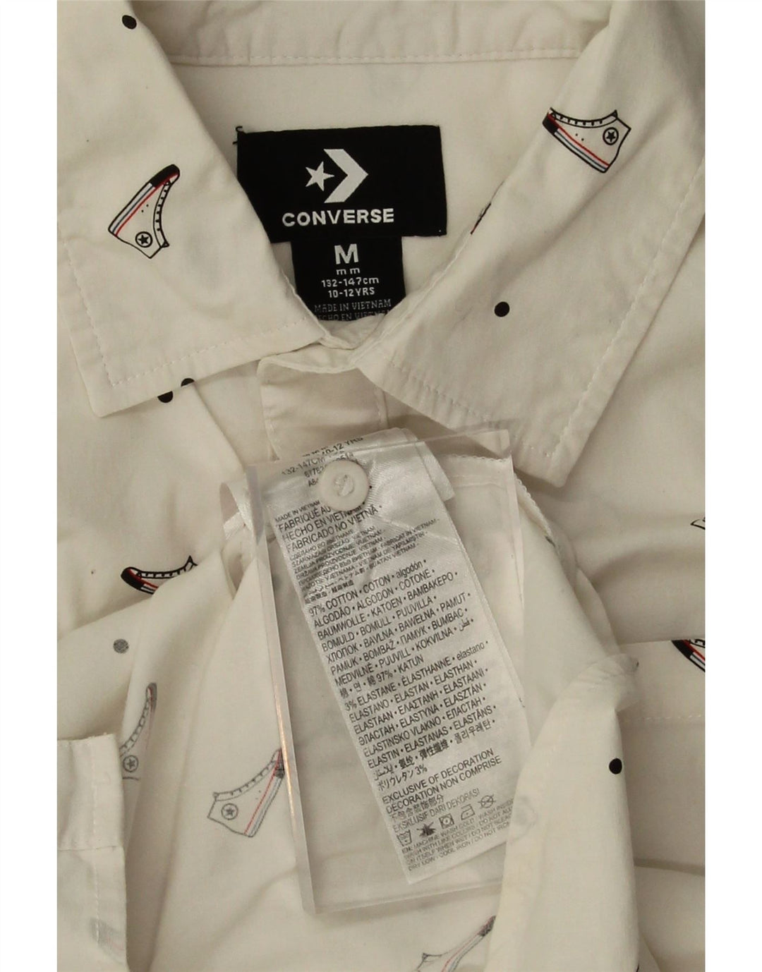 CONVERSE Boys Abstract Pattern Short Sleeve Shirt 10-11 Years Medium White Vintage Converse and Second-Hand Converse from Messina Hembry 