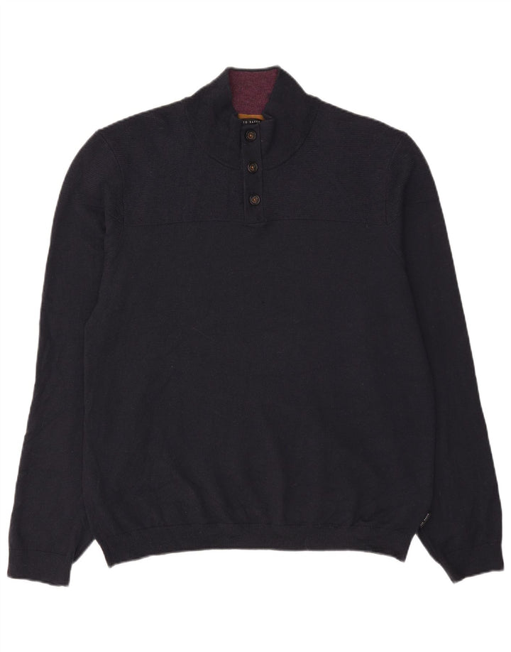 Ted Baker Maglione da uomo con collo a bottoni taglia 7 3XL Lana vergine blu navy