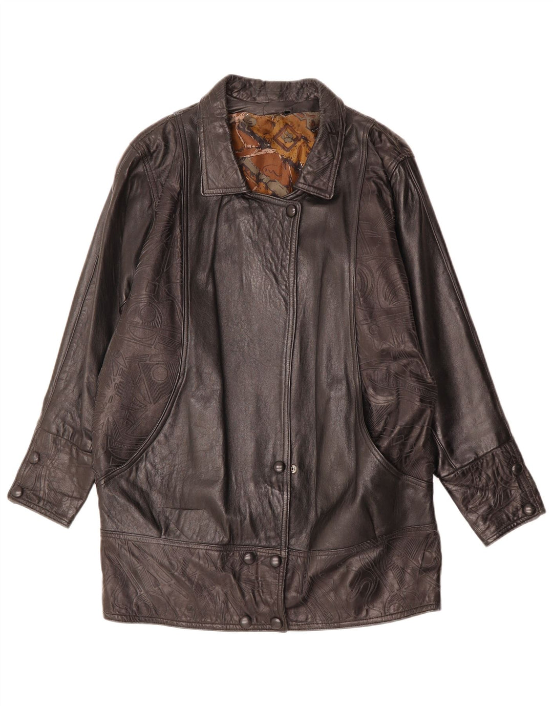 Cappotto in pelle da donna vintage UK 14 Grande pelle geometrica nera