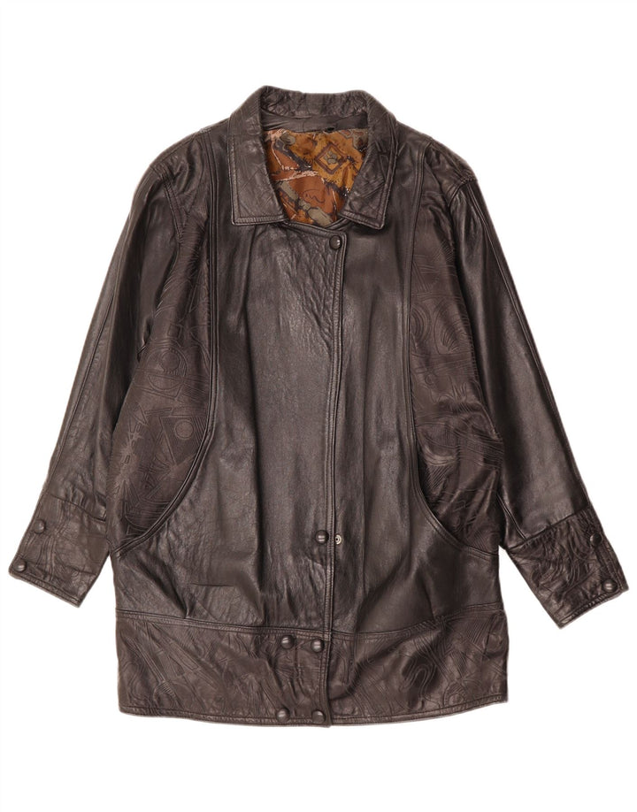 Cappotto in pelle da donna vintage UK 14 Grande pelle geometrica nera