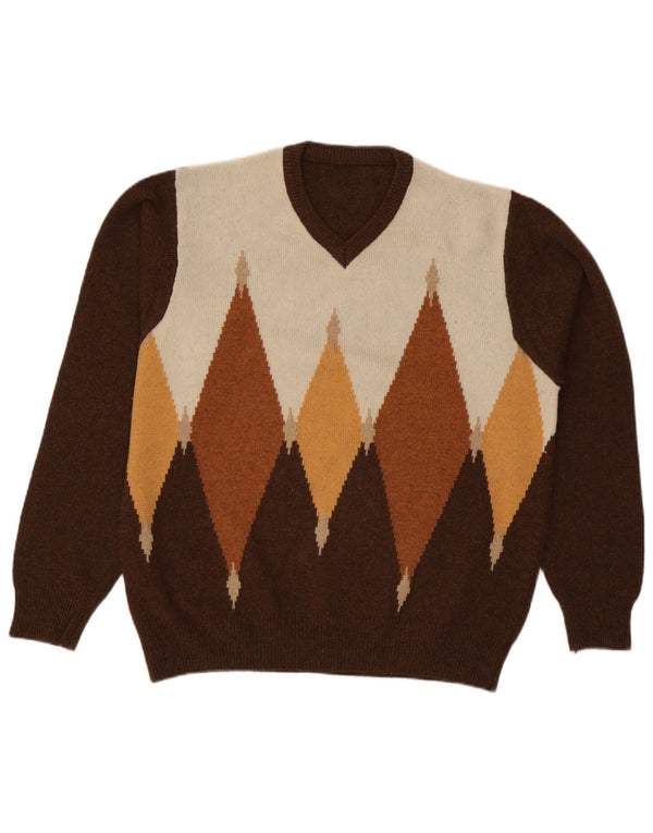 Maglione vintage da uomo con scollo a V grande marrone a rombi/diamante