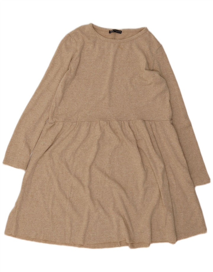 Abito maglione a maniche lunghe da donna Zara UK 12 Poliestere screziato beige medio