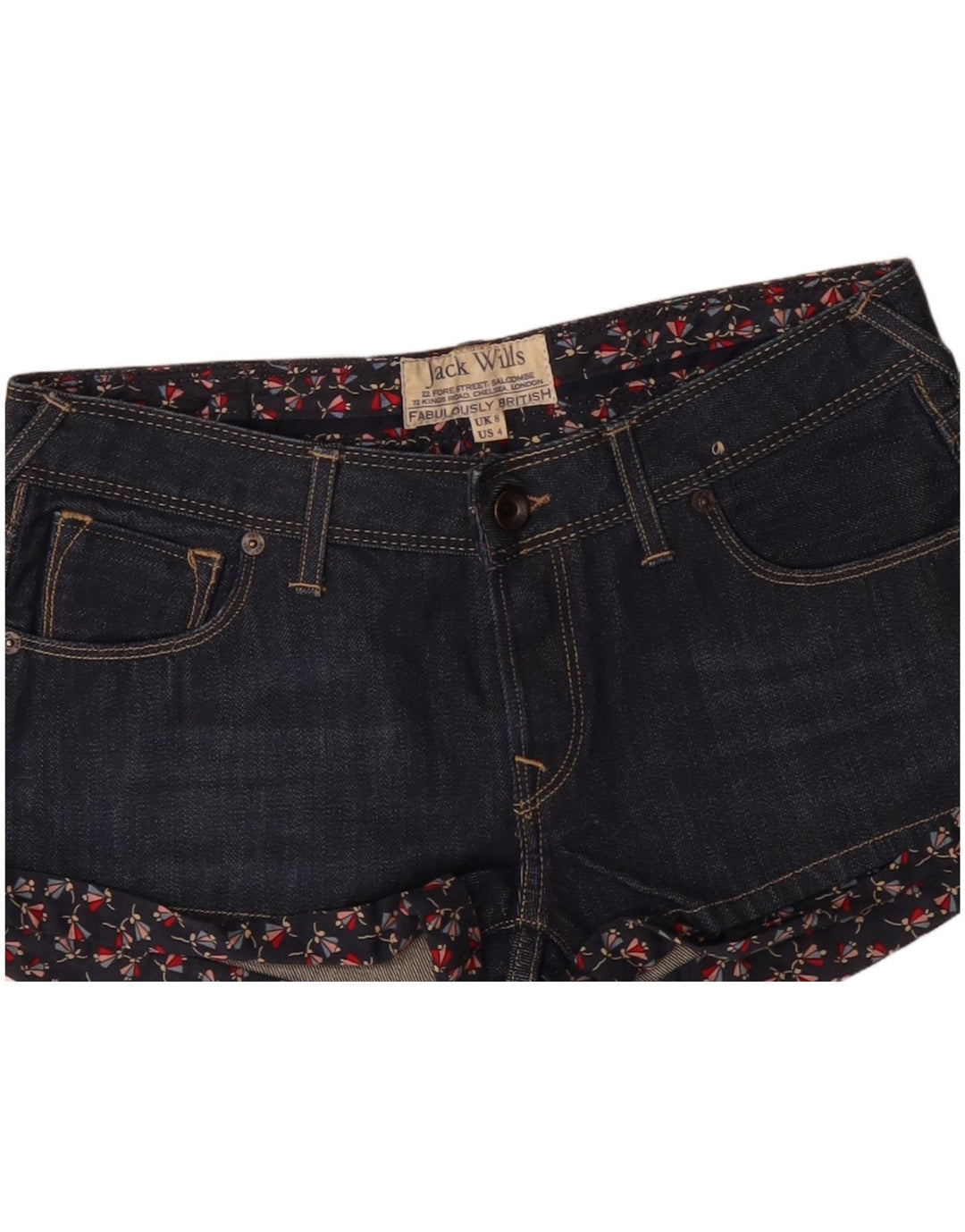 JACK WILLS Pantaloncini di jeans da donna UK 8 Small W28 Blu navy floreale