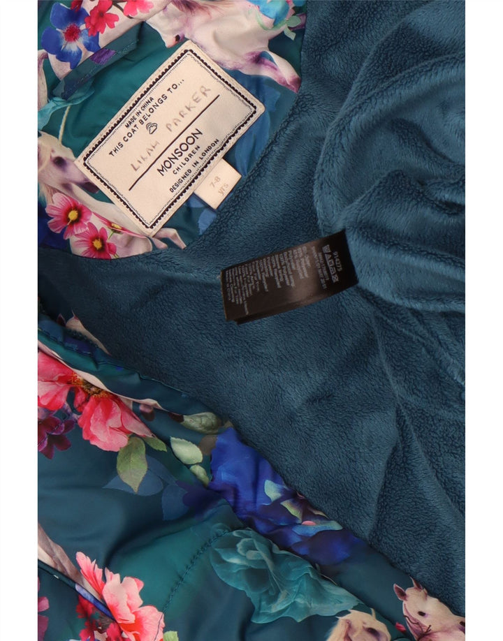 Cappotto imbottito con cappuccio per ragazze Monsoon 7-8 anni in poliestere floreale blu
