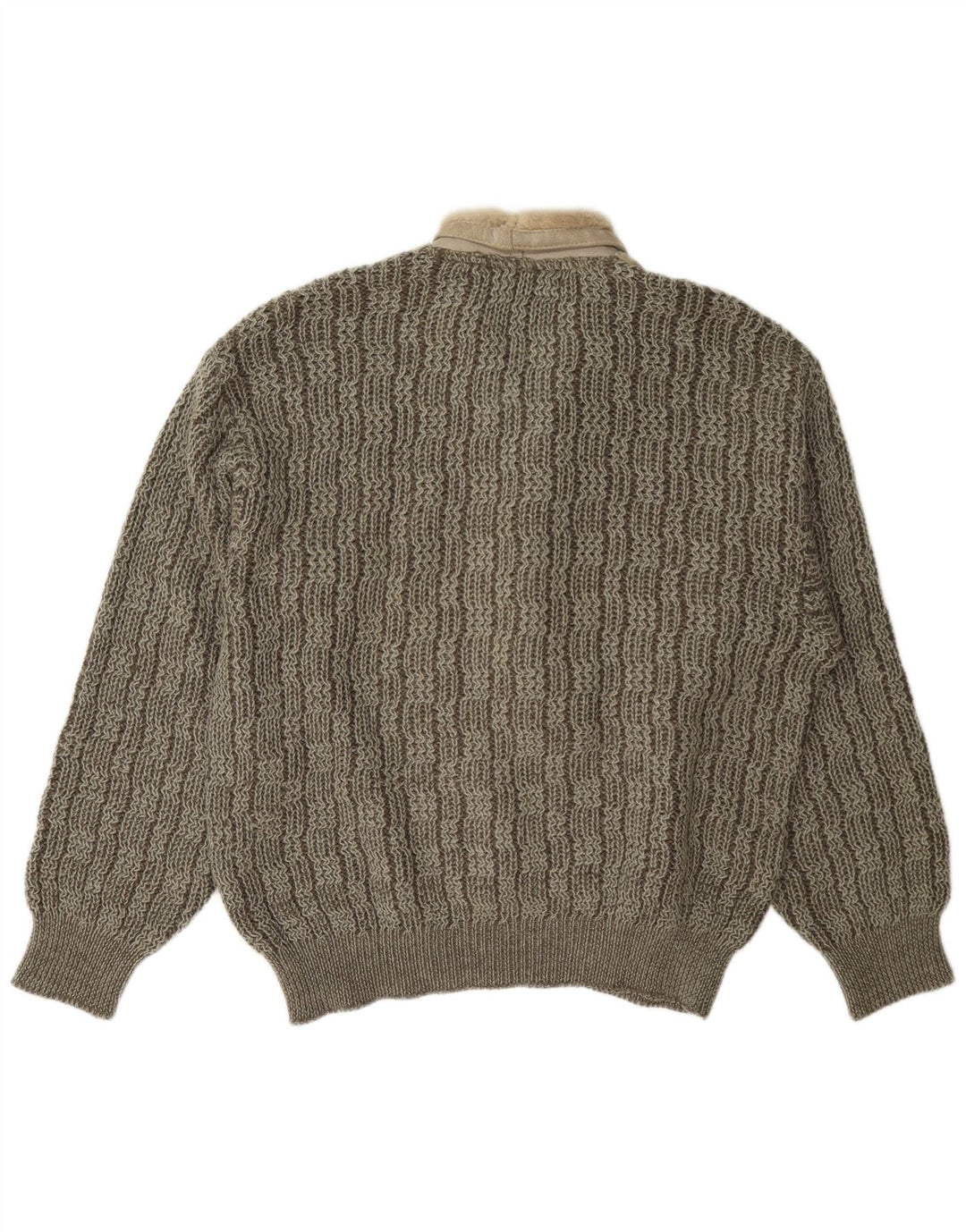 Maglione vintage da uomo con collo a scialle, grande, in lana color block grigio