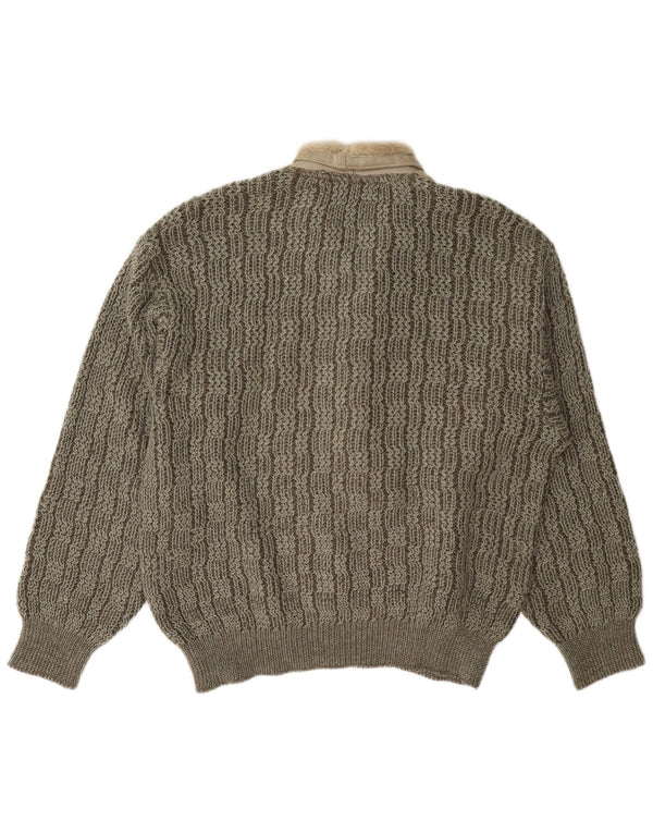 Maglione vintage da uomo con collo a scialle, grande, in lana color block grigio